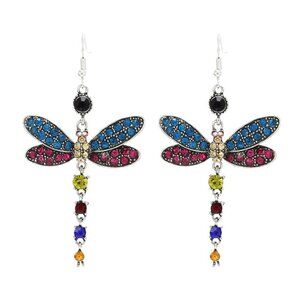 Multi Color Dragonfly Crystal Rhinestone Silver Plated Hook Earrings, V…